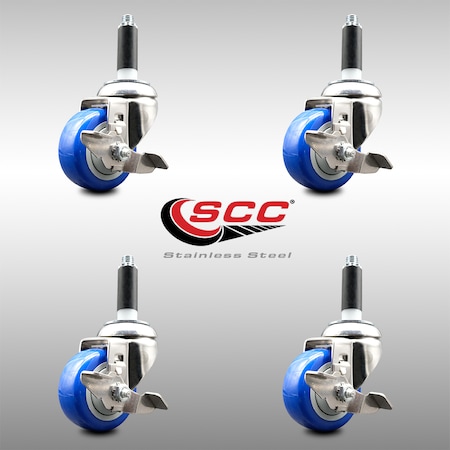 Service Caster 3 Inch 316SS Blue Poly Swivel 3/4 Inch Expanding Stem Caster Set Brake SCC SCC-SS316EX20S314-PPUB-BLUE-TLB-34-4